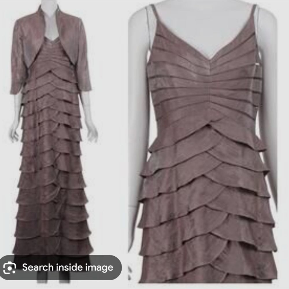 Adrianna Papell Champagne Gold Tiered Maxi Dress With Matching Jacket Size 6